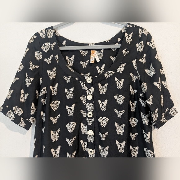 Anthropologie Black Dog Print 100% Silk Short Sleeve Button-Up Mini Slip Dress - Picture 4 of 8